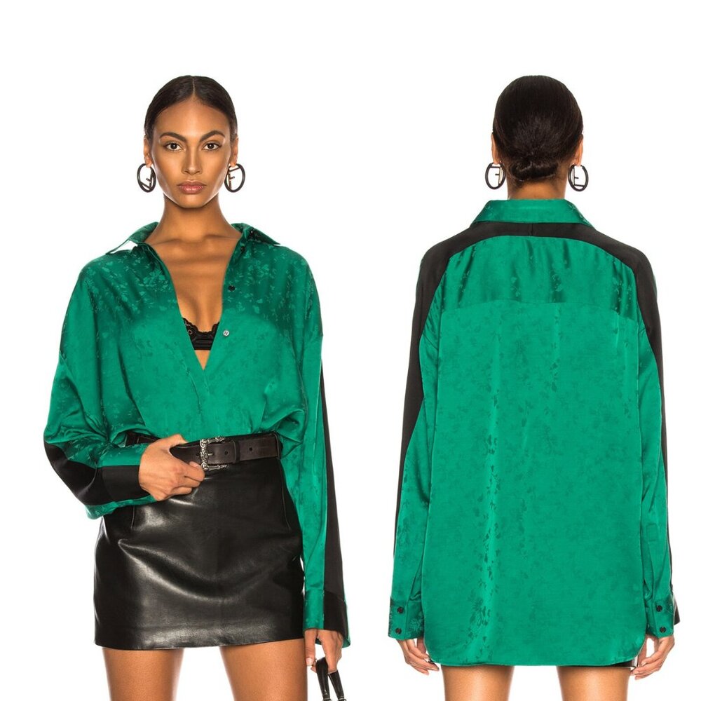 Haider Ackermann Classic Shirt in Gaura Emerald & Kuiper Shiny Black 40 8